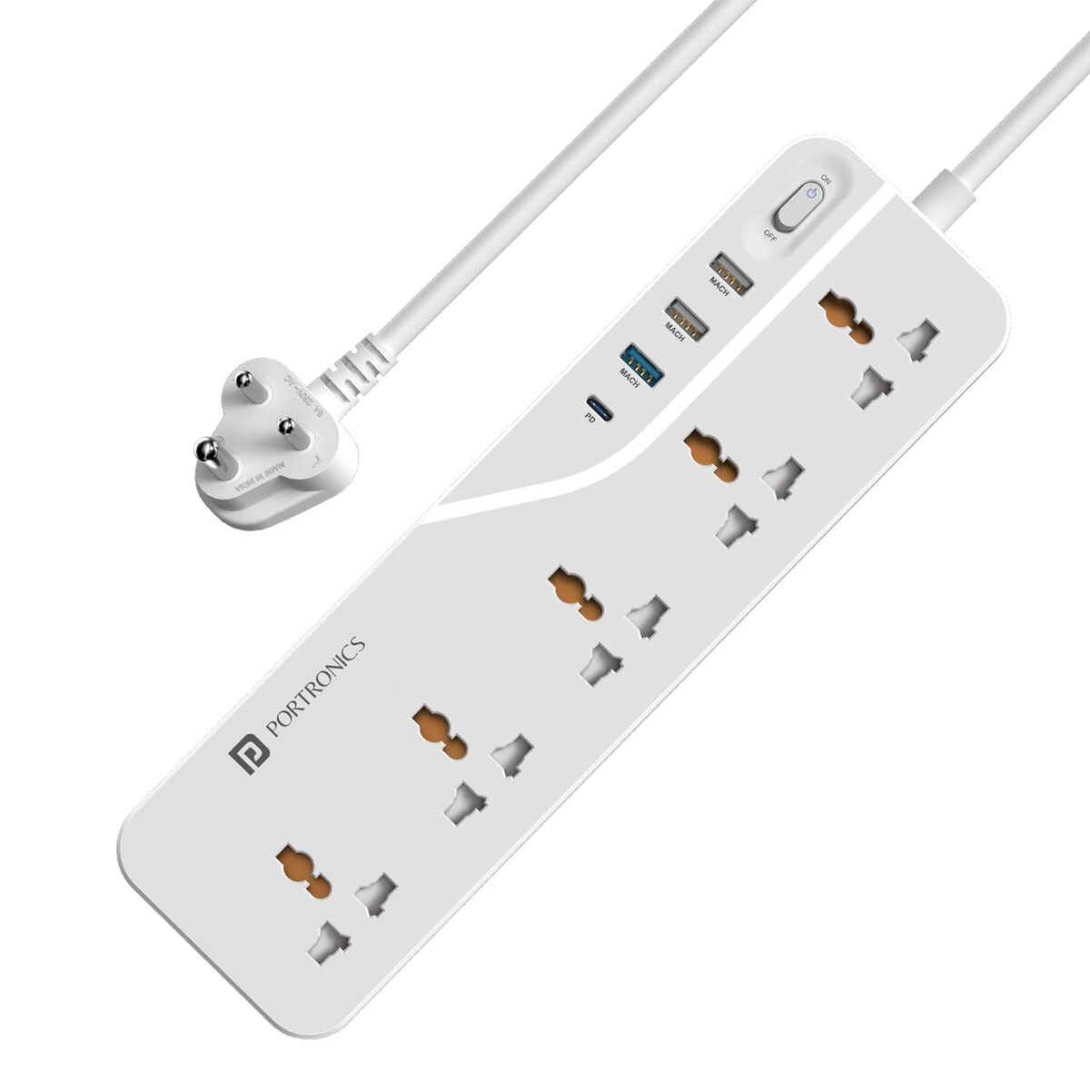 Portronics Power Plate 22 – 5 Sockets, 4 USB Ports, 20W PD Fast Charging, 3m Long Cord, Surge Protection, Compact Design, Ideal for Home/Office, Overload Protection, Easy to Use.