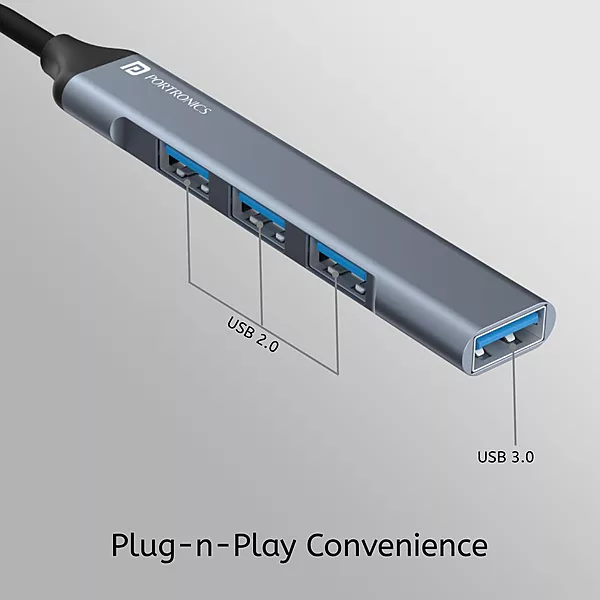 Portronics Mport 31 Pro – 4-in-1 USB Hub, Dual Plugs, compact design, supports multiple devices, high-speed data transfer, ideal for laptops and desktops, plug and play, durable and portable.