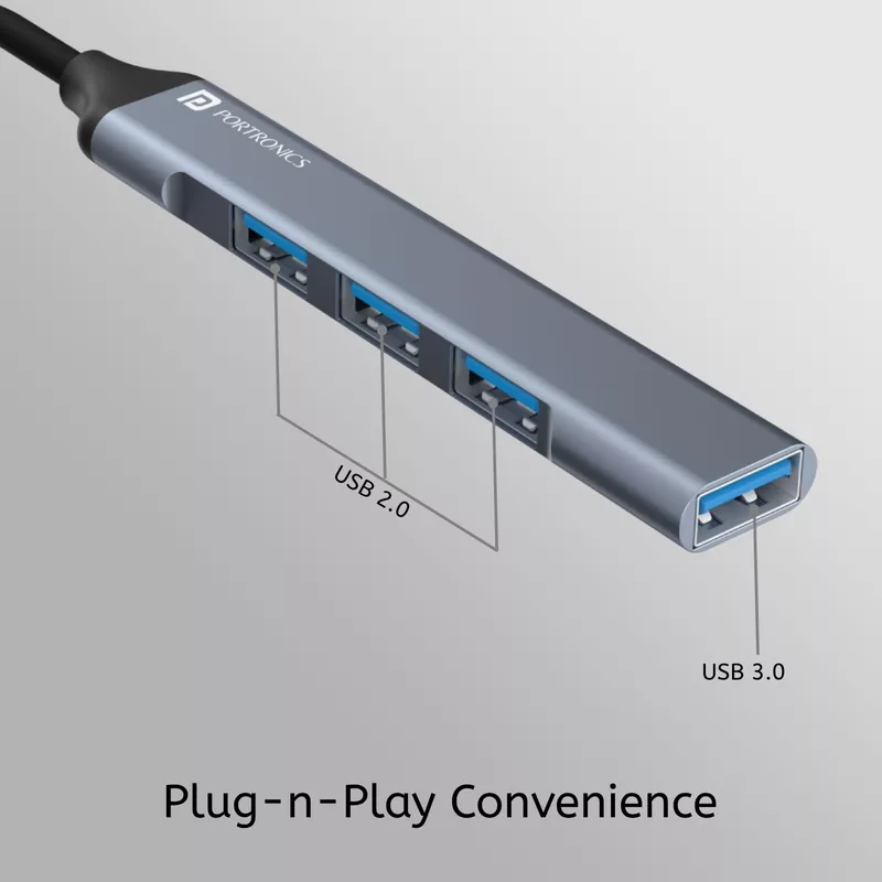 Portronics Mport 31 Pro – 4-in-1 USB Hub, Dual Plugs, compact design, supports multiple devices, high-speed data transfer, ideal for laptops and desktops, plug and play, durable and portable.