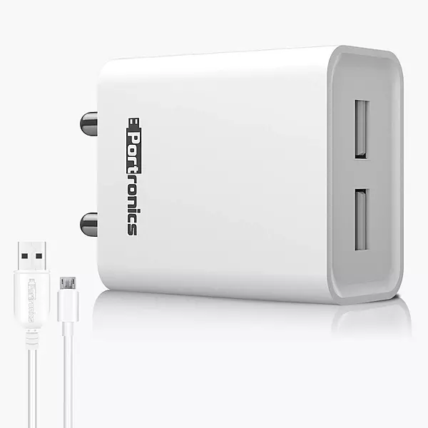 Portronics Adapto 66 Micro USB Charger – 2.4A Dual USB Ports, Micro USB Cable Included