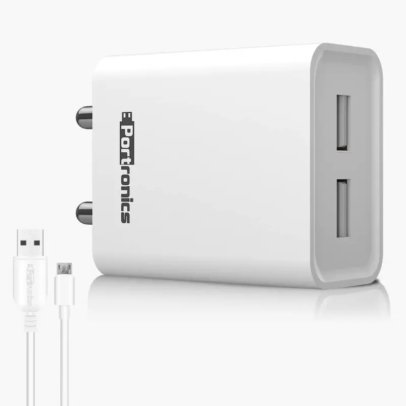 Portronics Adapto 66 Micro USB Charger – 2.4A Dual USB Ports, Micro USB Cable Included
