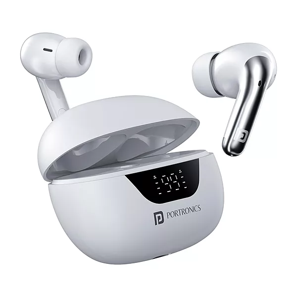 Portronics Twins 28 ANC – TWS Earbuds, 50H Playtime, White. Experience immersive sound with active noise cancellation, long battery life, and a sleek design for ultimate comfort and style.