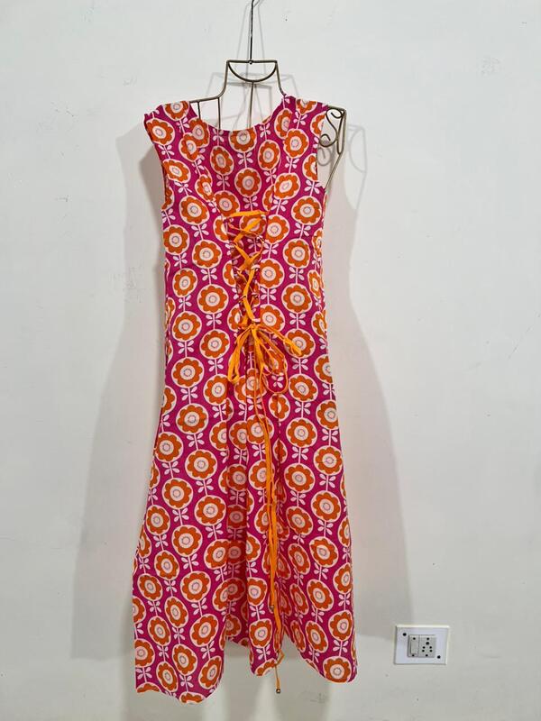 Saira's A-line Dress With a Back Tie - Pink with Orange Flowers