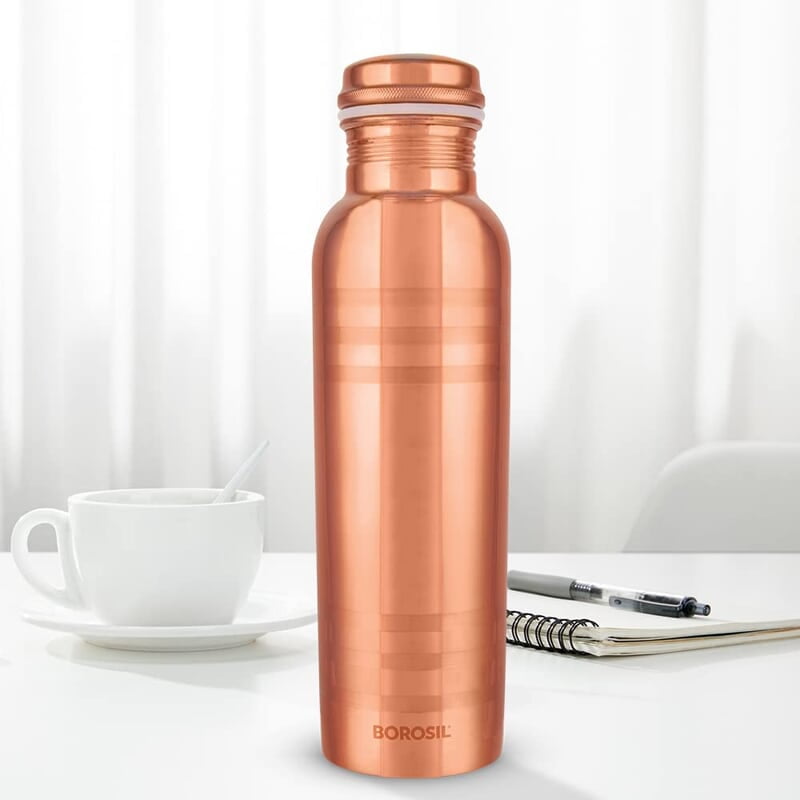 Borosil Chakra Copper Water Bottle, 100% Copper, Leak-proof, For Everyday Use, 1 L, Bronze