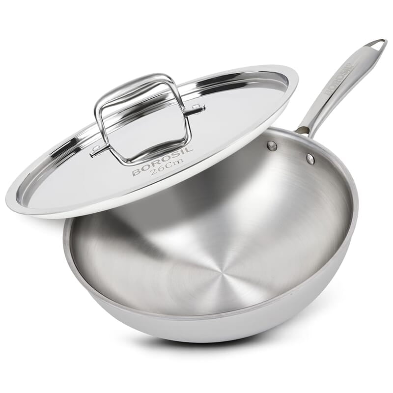 Borosil 3.5 L Cookfresh Tri-ply Stainless Steel Wok with Lid | 26 Cm Kadhai for Deep Fry