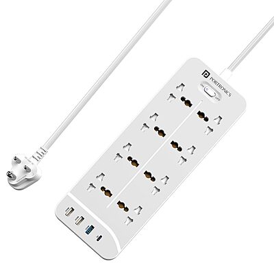 Portronics Power Plate 23 Extension Board – 8 Sockets, USB & 20W Type-C PD, White