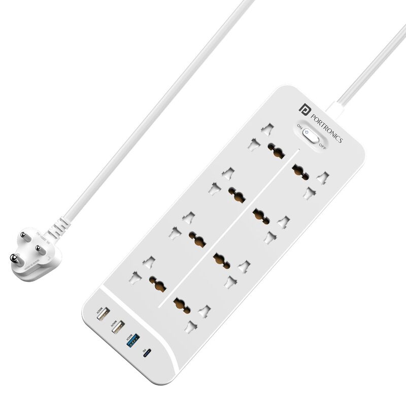 Portronics Power Plate 23 Extension Board – 8 Sockets, USB & 20W Type-C PD, White