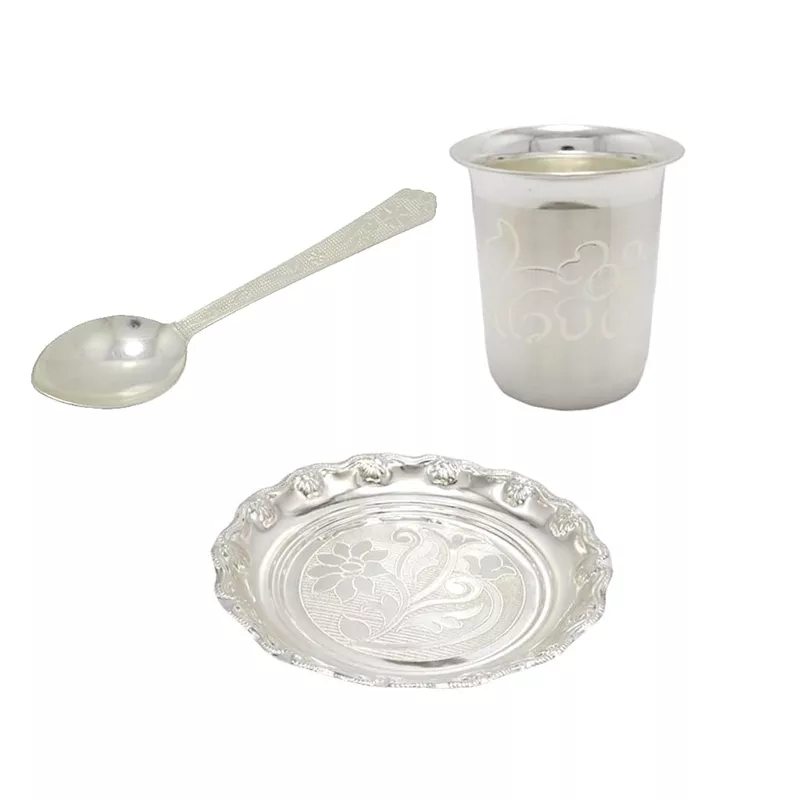 Silver Bowl, Spoon, Glass and Plate