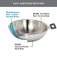 Borosil Cookfresh Triply Stainless Steel 3.6 L (26 Cm) Kadhai with Steel Handle| SS304 Food Grade Steel