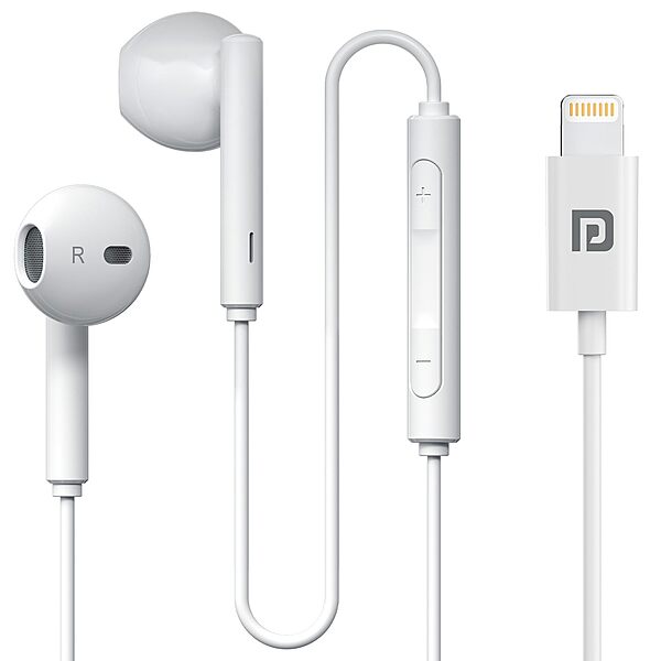 Portronics Conch Theta L – 8-Pin Earphones with Mic, featuring a sleek white design, high-quality sound, and comfortable fit for an immersive audio experience on the go.