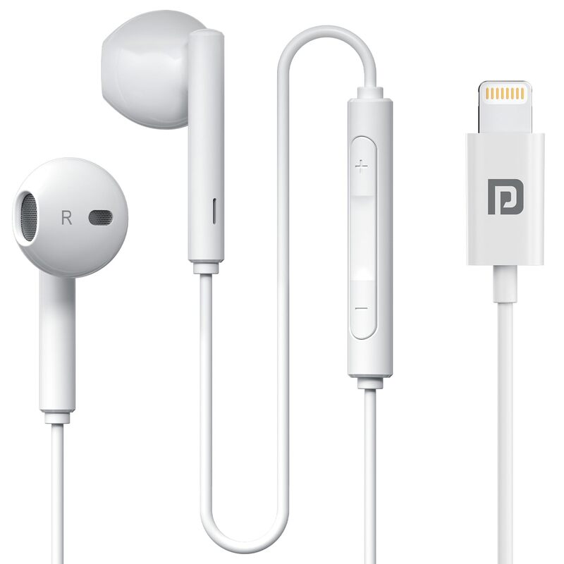 Portronics Conch Theta L – 8-Pin Earphones with Mic, featuring a sleek white design, high-quality sound, and comfortable fit for an immersive audio experience on the go.