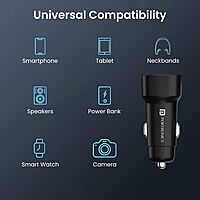 Portronics 30W Dual Output Car Charger Type-C PD & USB Fast Charging with LED Indicator Black