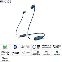 Sony WI-C100 Wireless Neckband – Deep Bass | 25H Battery | DSEE | Splash Proof