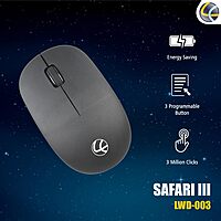 Lapcare Safari III (LWM‑003): 2.4 GHz wireless mouse with 1600 DPI optical sensor, ambidextrous design, plug‑and‑play, tested for 3 M clicks.