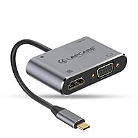 Lapcare LC‑411 Lap‑C 4‑in‑1 docking station: USB 3.0 port, USB‑C PD passthrough, HDMI & VGA video output, plug‑and‑play, lightweight aluminium build.