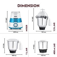 Borosil Supermax Mixer Grinder, For Wet/Dry Mixing & Grinding, 750 Watts, 3 Stainless Steel Jars(1.5 L Blending Jar, 1 L Dry/Wet Grinder, 400 ml Chutney Jar), Mixie For Kitchen, Blue