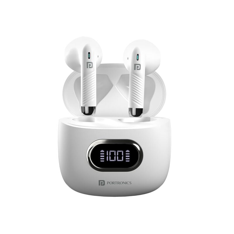 Portronics Twins S9 – TWS Earbuds, 30H Playtime, Digital Display, Bluetooth 5.0, Touch Control, Noise Isolation, Comfortable Fit, White Color, Perfect for Music & Calls, Lightweight Design.