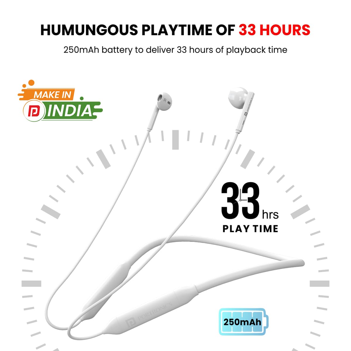 Portronics Harmonics Z5 – Bluetooth Headset, 33Hrs Playtime, Crisp Sound, Comfortable Fit, Sleek Design, Ideal for Music & Calls, Easy Controls, Lightweight, Perfect for Daily Use, White Color.