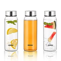 Borosil Crysto Wide Mouth Glass Water Bottle with Stainless Steel Lid | 750ml, Borosilicate Glass, Leakproof, Easy to Carry, Fridge & Dishwasher Safe | Can Use For, Lassi, Juice, Smoothies (3 Pc Set)
