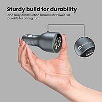 Portronics 120W Car Charger | 3-Port Fast Charging + PD | Charge multiple devices quickly | Compact design | Ideal for road trips | Compatible with various devices | Safe and efficient charging.
