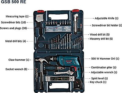 Bosch Professional GSB 500 RE Corded-Electric Drill Tool Set, 10 mm (Blue), 500 Watt, (100 Pc Accessory Set)