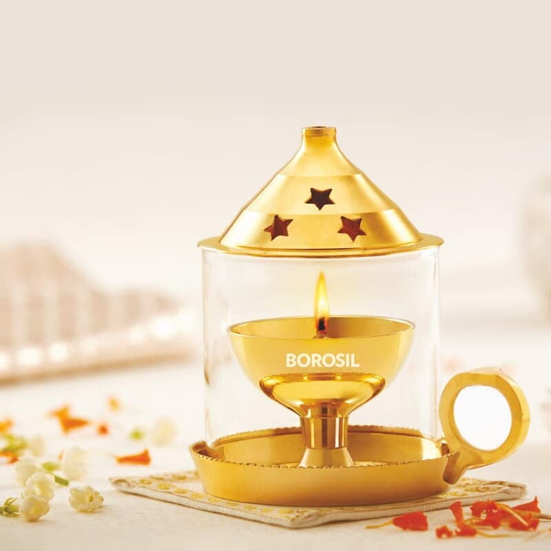 Borosil Small Size Mangal Diya Decorative Brass Glass Oil Lamp