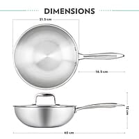 Borosil 1.75 L Cookfresh Tri-ply Stainless Steel Wok with Lid | 20 Cm Kadhai for Deep Fry