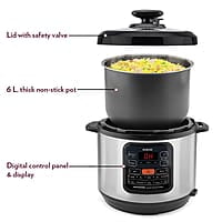 Borosil Instacook 6 L Electric Stainless Steel Pressure Cooker | 12 Digitized Indian Cooking Programs | 15 Hour Delay Timer | One Touch Instat Cooking | Idli Maker, Rice Cooker | 2 Year Warranty