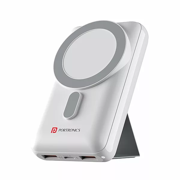 Portronics Wirecell – 10000mAh, 15W Mag Wireless Power Bank - White. Sleek design, fast charging, portable, and compatible with various devices. Perfect for on-the-go charging needs.