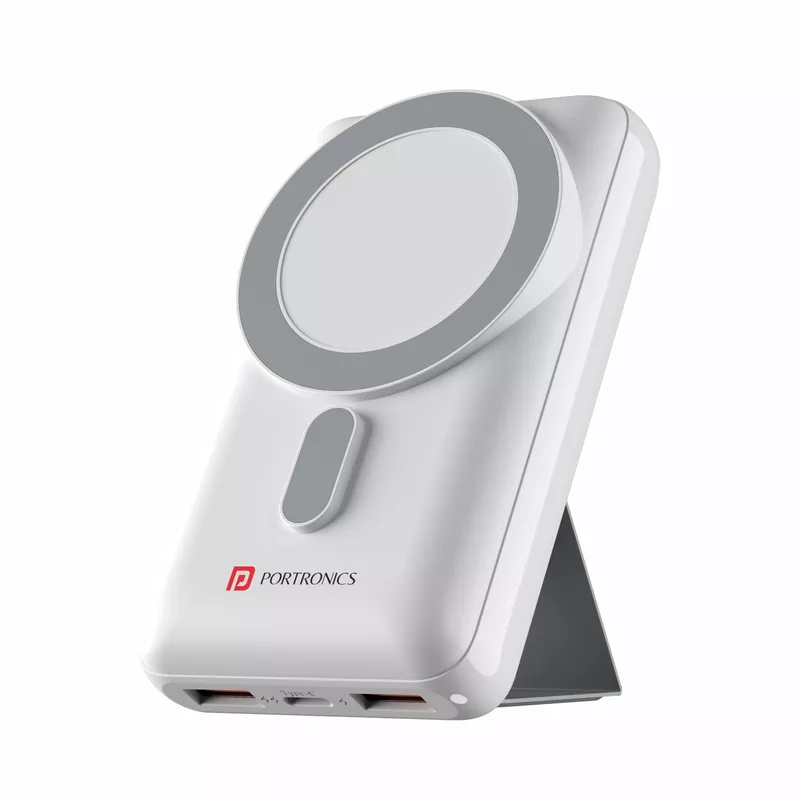 Portronics Wirecell – 10000mAh, 15W Mag Wireless Power Bank - White. Sleek design, fast charging, portable, and compatible with various devices. Perfect for on-the-go charging needs.