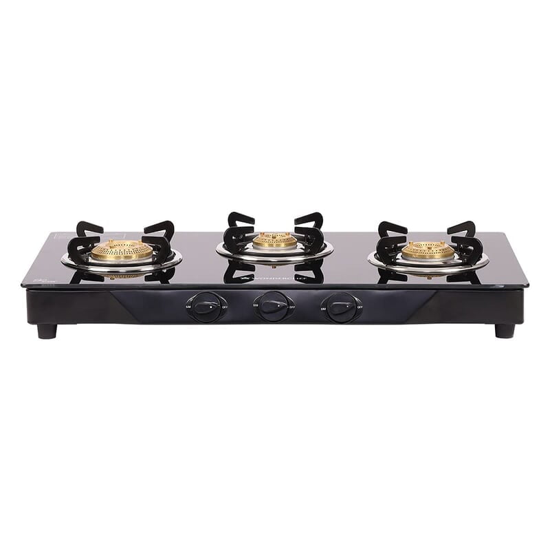 Wonderchef Glory 3 Burner Glass Cooktop, Black 8mm Toughened Glass  Ergonomic Knobs, Stainless Steel Drip Tray, Manual Ignition Gas Stove
