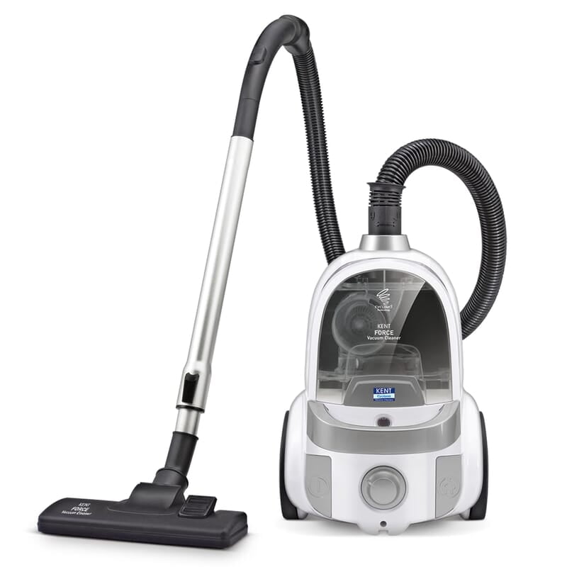 KENT Force Cyclonic Vacuum Cleaner KSL 160  2000W Washable HEPA Filter  Low Noise Rubberized Wheels Multiple Accessories Bagless Design Auto Cord Retractor White/Silver