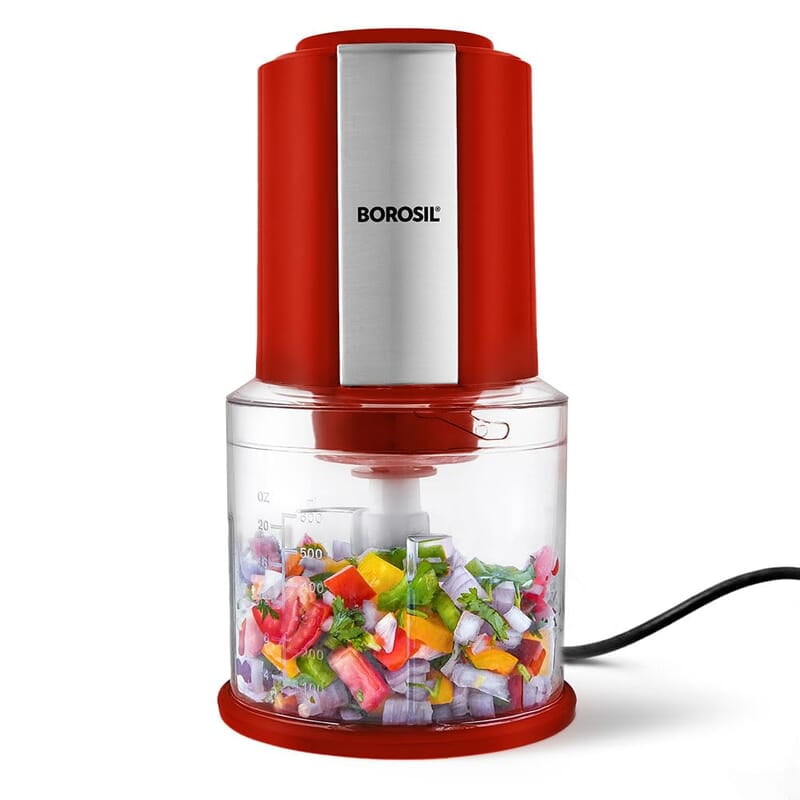 Borosil Chef Delite 300 Watts Electric Chopper for Kitchen, Twin Blade Technology, 600 ml 'chop-n-store' plastic bowl with lid, Vegetable Chopper, Cutter, Chop, Mince, Dice, Whisk, Blend, Red