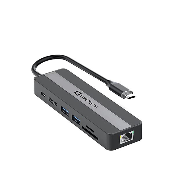 Live Tech LT ZAYN 7-in-1 Type-C Hub | Multiport Adapter offers versatile connectivity with HDMI, USB-A, USB-C, SD/TF card slots, and Ethernet. Perfect for expanding your device's capabilities!