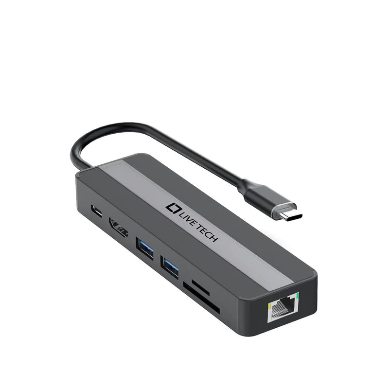 Live Tech TRAVAUX 7-in-1 USB-C Hub Adapter offers versatile connectivity with HDMI, USB-A, SD card slots, and more. Perfect for expanding your device's capabilities on the go!