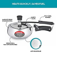 Borosil Pronto Induction Base Inner Lid Stainless Steel Pressure Cooker, 6.8 mm Thick Base, 2 L