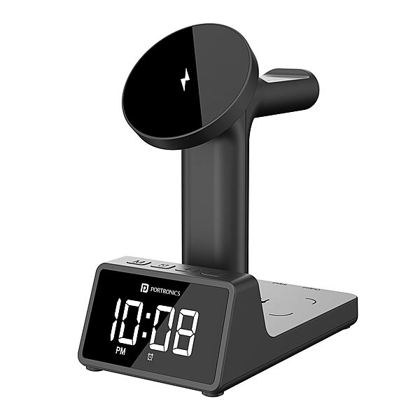 Portronics Bella 2 – 15W MagSafe Charger with Clock, 3-in-1 design, charges iPhone, AirPods, and Apple Watch simultaneously. Sleek, compact, perfect for bedside or office use. Fast charging!