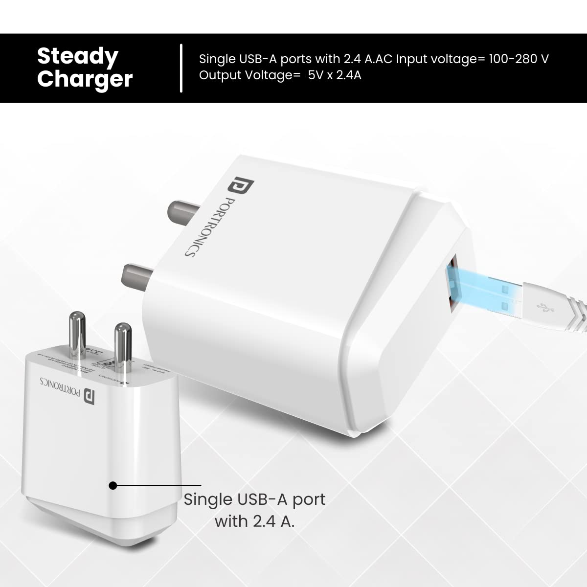 Portronics Adapto 41M This 12W charger comes with a durable Micro USB cable, ensuring fast and efficient charging for all your gadgets. Compact and reliable!