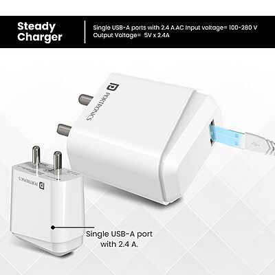 Portronics 10032 Adapto 41C Charger – 2.4A Single USB Port | Type-C Cable Included | White