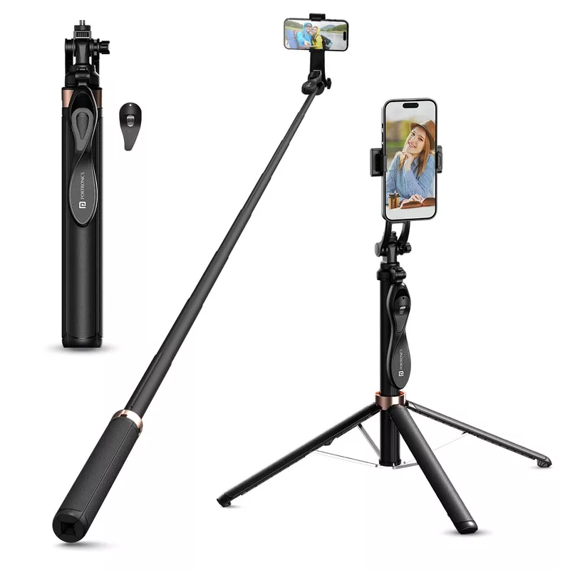 Portronics Lumistick Pro – 360° Smart Selfie Stick: Capture amazing selfies with 360° rotation, Bluetooth, and built-in LED light.