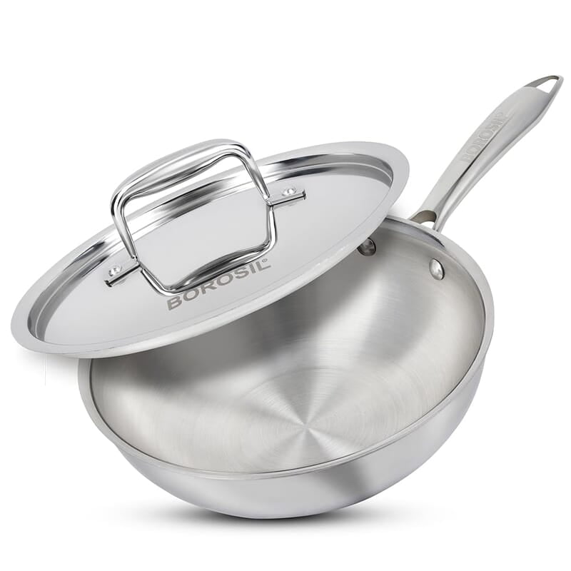 Borosil 1.75 L Cookfresh Tri-ply Stainless Steel Wok with Lid | 20 Cm Kadhai for Deep Fry