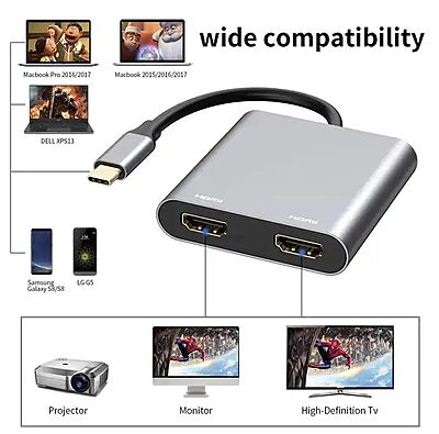 HAMMOK Oscar USB-C to Dual HDMI Adapter allows you to connect two HDMI displays to your USB-C device. Enjoy high-resolution video output and seamless multitasking with this compact adapter.