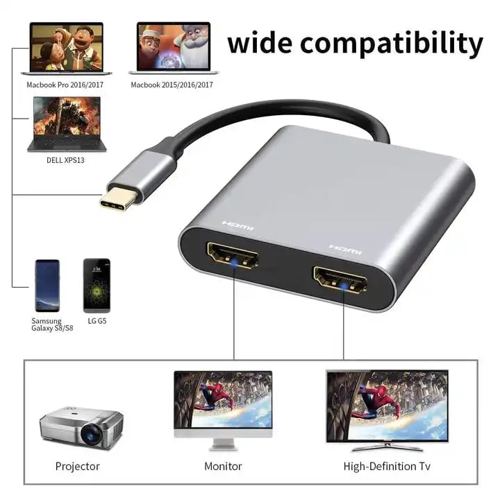 HAMMOK Oscar USB-C to Dual HDMI Adapter allows you to connect two HDMI displays to your USB-C device. Enjoy high-resolution video output and seamless multitasking with this compact adapter.