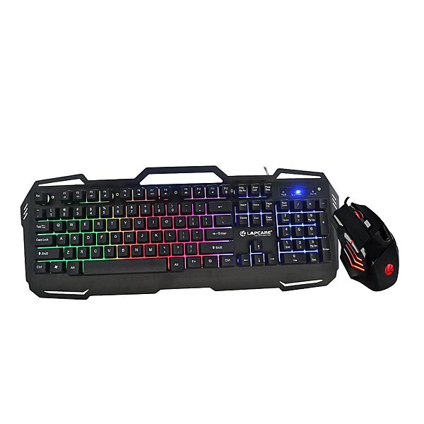 Lapcare LGC‑222 Fighter Champ combo: LED membrane keyboard (50 M keystrokes) + ergonomic 7-button mouse (up to 3600 DPI, 603EP sensor, braided cable).