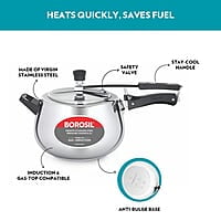 Borosil Pronto Induction Base Inner Lid Stainless Steel Pressure Cooker, 6.8 mm Thick Base, 6.5 L