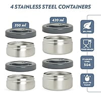 Borosil Hot-N-Fresh Prime Stainless Steel Insulated Lunch Box, Keeps food warm upto 8 Hours, Set of 4 (2 pcs 420 ml + 2 Pcs 350 ml), Grey