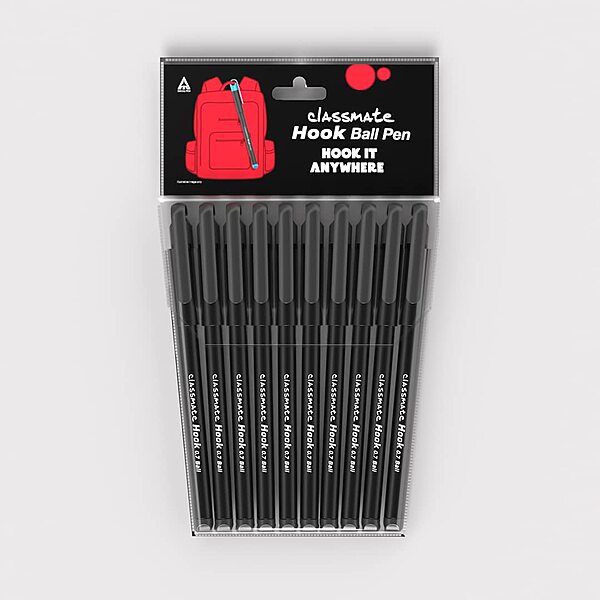 Classmate Hook- Black Ball Pens (Pack of 10)|Smooth & Fast Writing Ball Pens|Unique Griper for Writing Comfort|Attractive Body Design for Boys & Girls|School & Office Stationery