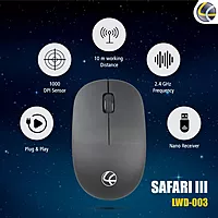 Lapcare Safari III (LWM‑003): 2.4 GHz wireless mouse with 1600 DPI optical sensor, ambidextrous design, plug‑and‑play, tested for 3 M clicks.