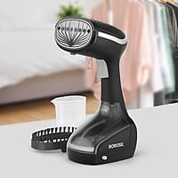 Borosil Handheld Garment Steamer Gs01,Horizontal & Vertical Use,1000 Watts Fast Heating,Ceramic Steam Nozzle,200 Ml Water Tank,Detachable Fabric Brush,Lint Brush,For Silk,Nylon,Rayon,Wool,Cotton