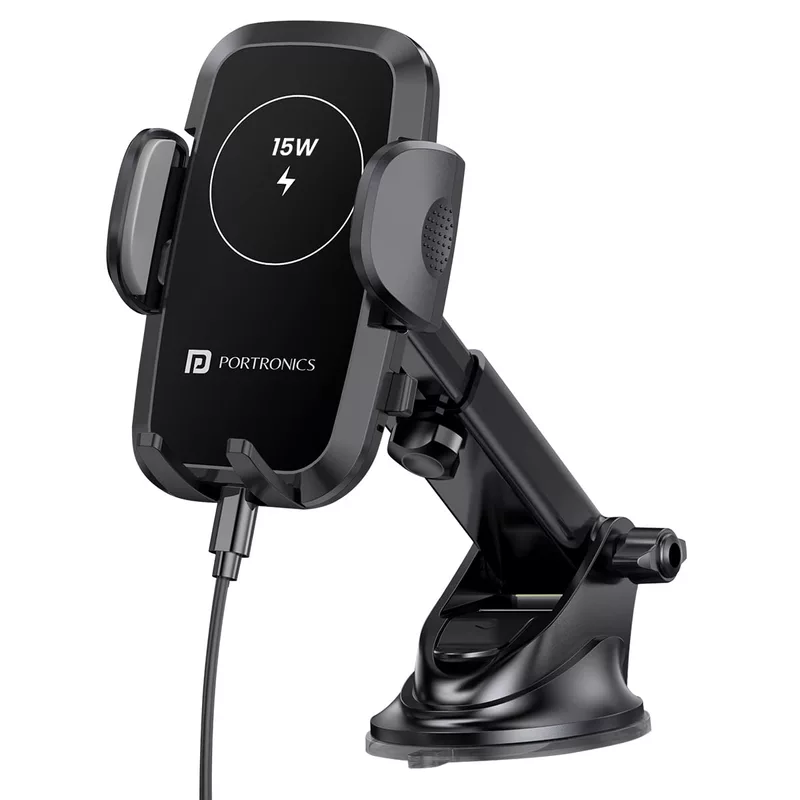 Portronics Charge Clamp 2 features 15W wireless charging, delivering quick power. Its adjustable design ensures convenience and stability.